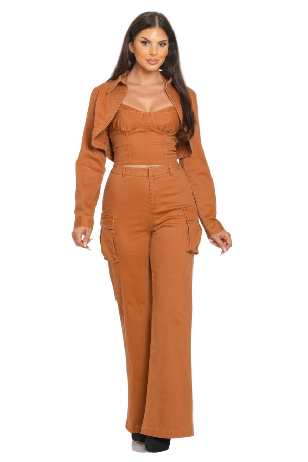 Woman wearing a brown outfit on a white background