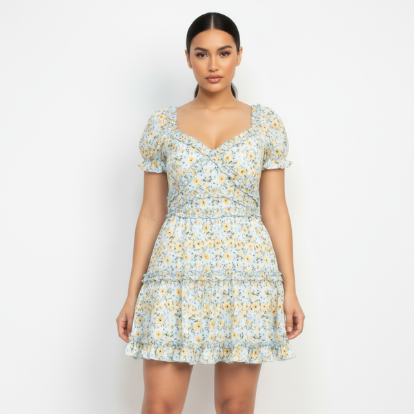Ruffled Floral Puff Sleeve Dress
