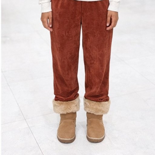 Brown velvet pants with fur cuffs and beige boots on a white background