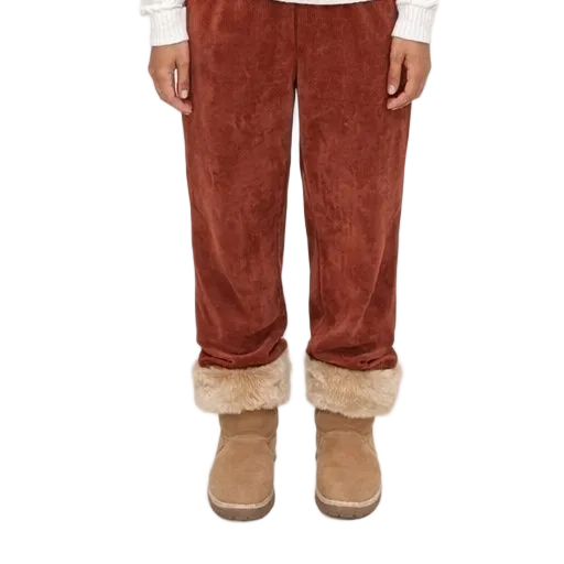 Brown velvet pants with fur cuffs and matching boots on a white background