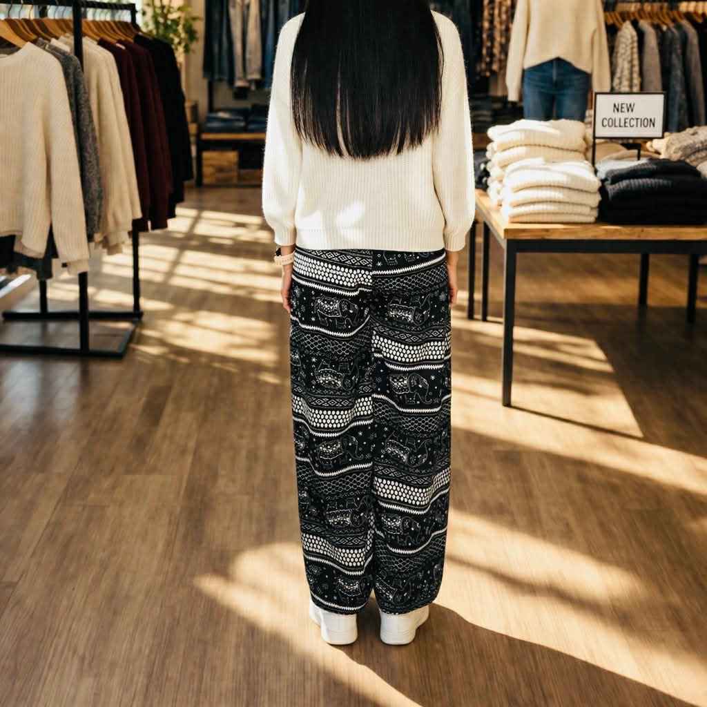 Person wearing black and white patterned pants in a clothing store