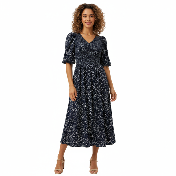 Allover Print Puff Sleeve Ruched Shirred Dress