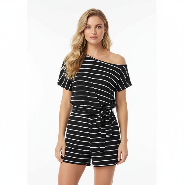 Striped Short Sleeve Drawstring Waist Romper