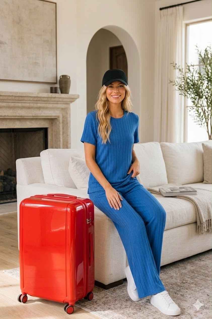 Woman in blue outfit sitting next to a red suitcase in a living room.