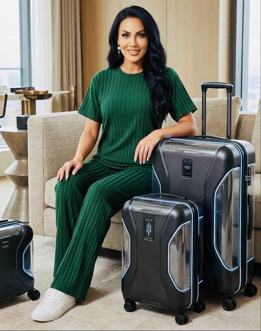 Woman in a green outfit sitting next to black suitcases in a room with large windows.