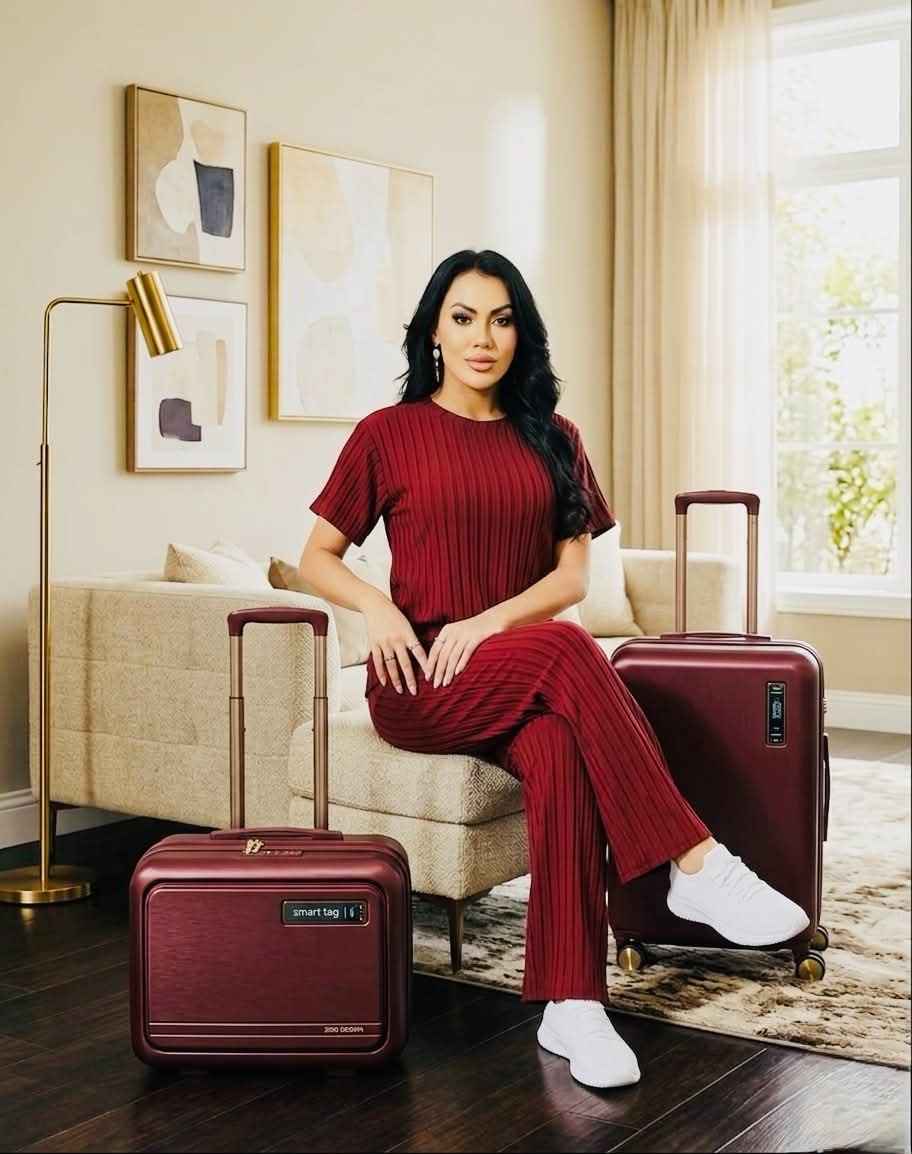 Woman in a red outfit sitting on a chair with two suitcases in a stylish room.